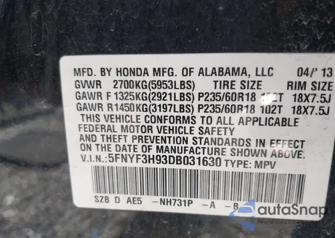 2013 Honda Pilot Touring z USA, uszkodzony, nr VIN 5FNYF3H93DB031630